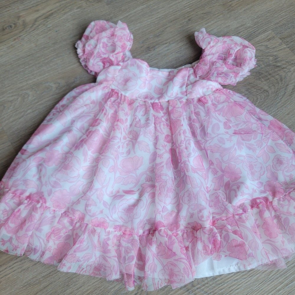 Isaac Mizrahi Girls Dress 12M Pink Floral Mesh Ruffle Special Occasion Party